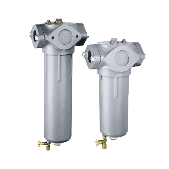Two stainless steel Industrial condensate treatment solutions range - Atlas Copco WSD Water Separators against a solid background 